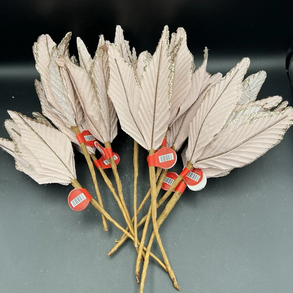 10 CHRISTMAS Poinsettia Rose Gold Glitter Tree Decor Floral‎ Pick Stem Pale Pink